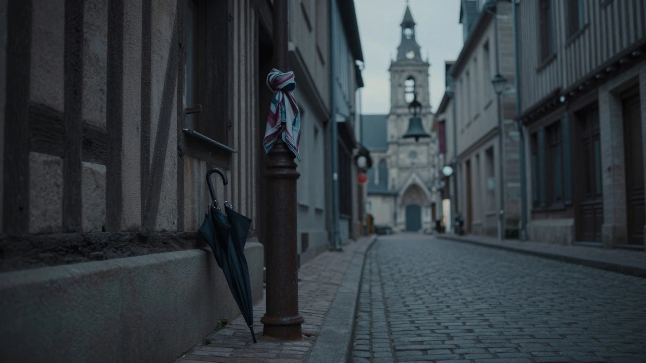 An empty alley in Rouen at twilight with an umbrella leaning against an old wall.