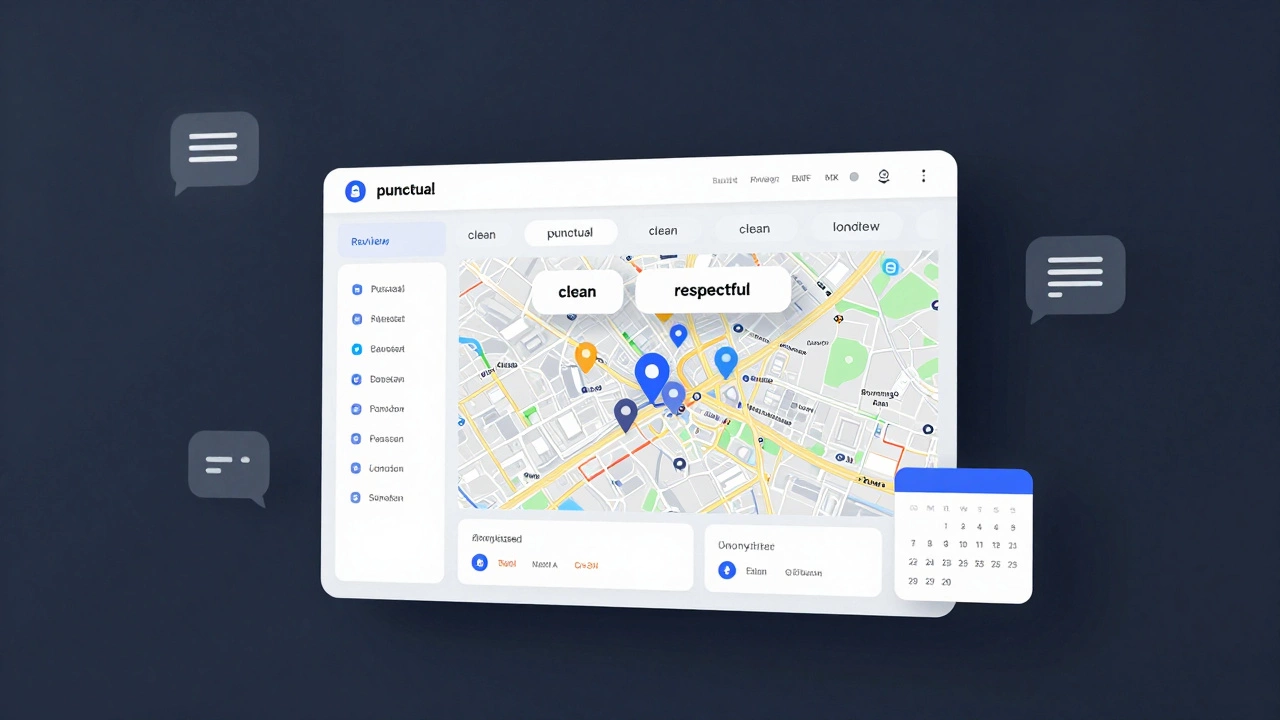 Digital dashboard showing client reviews and location pins for escort services in London.
