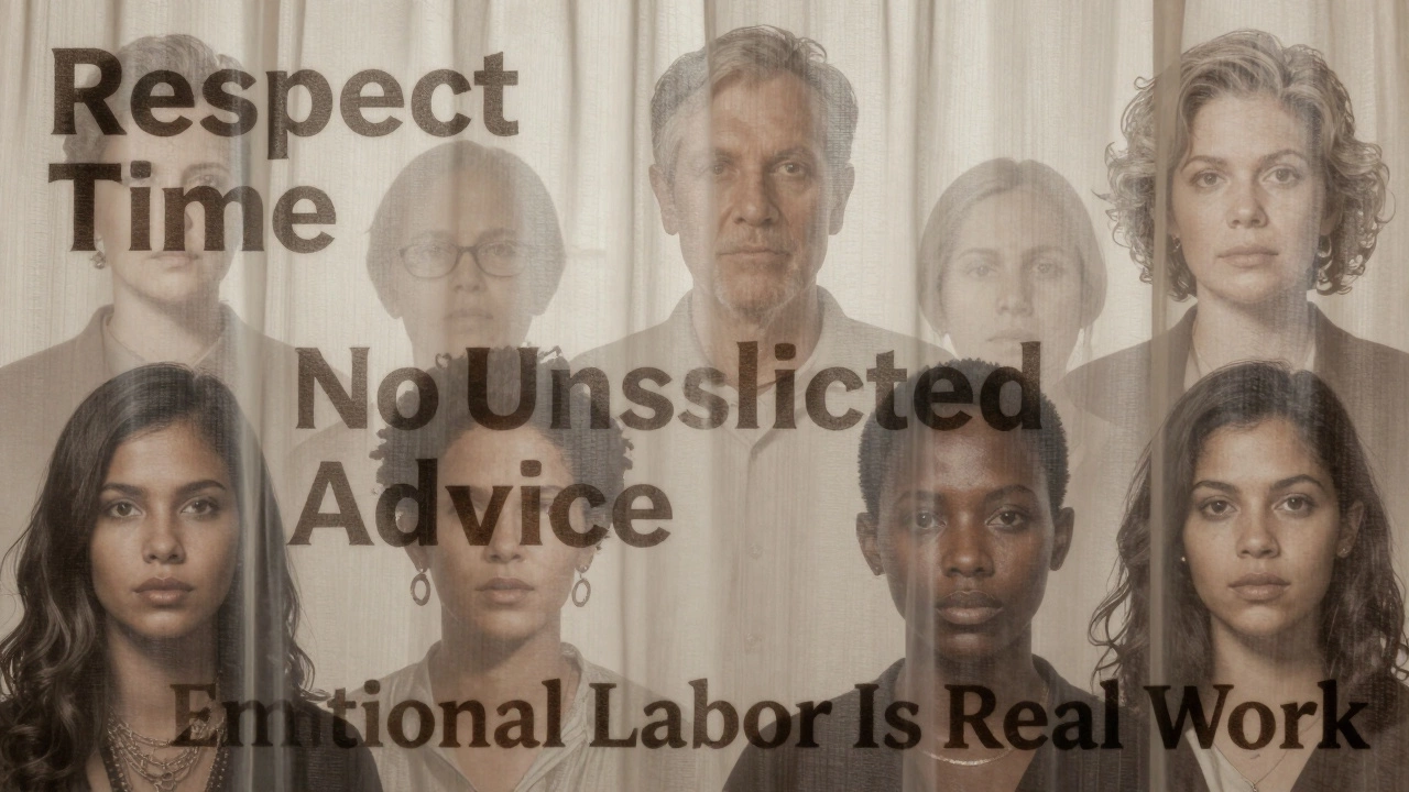 Silhouetted diverse faces behind a curtain with text fragments about respect and emotional labor.