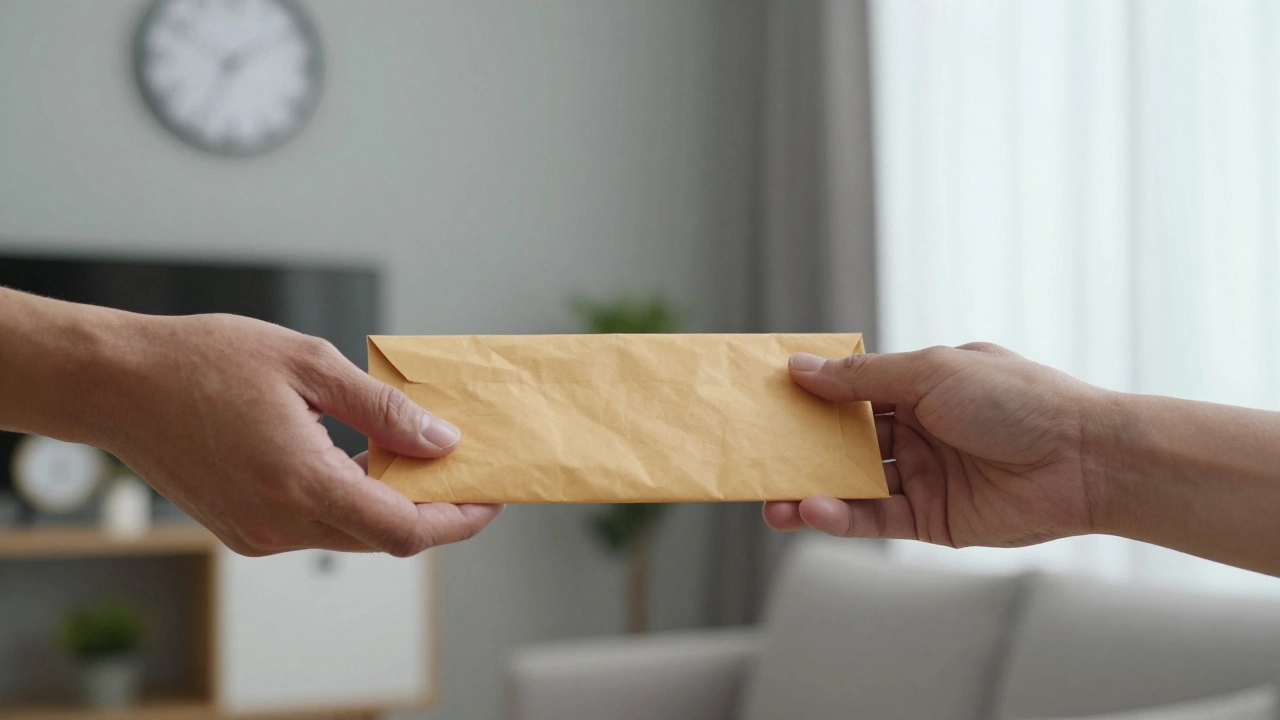 Two hands exchanging cash in a calm, deliberate moment, natural light filtering through blinds.