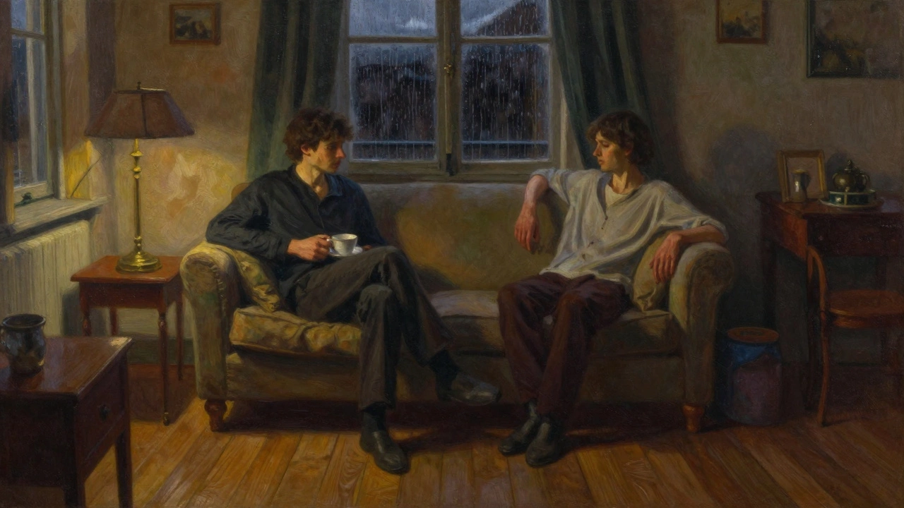 Two people sitting in silent comfort in a dimly lit apartment, sharing tea at dusk.